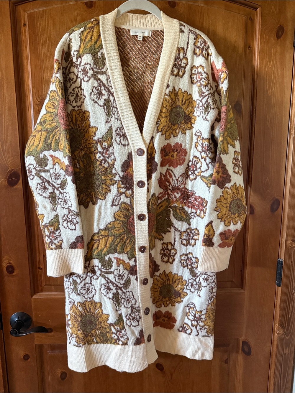 Cream Floral Long Button Front Sweater Cardigan